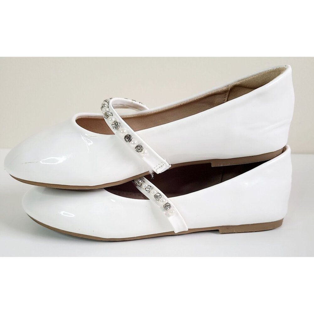 Girls White Patent Leather Ballet Flats Sandalup With Rhinestone Strap Size 1 - Picture 5 of 12